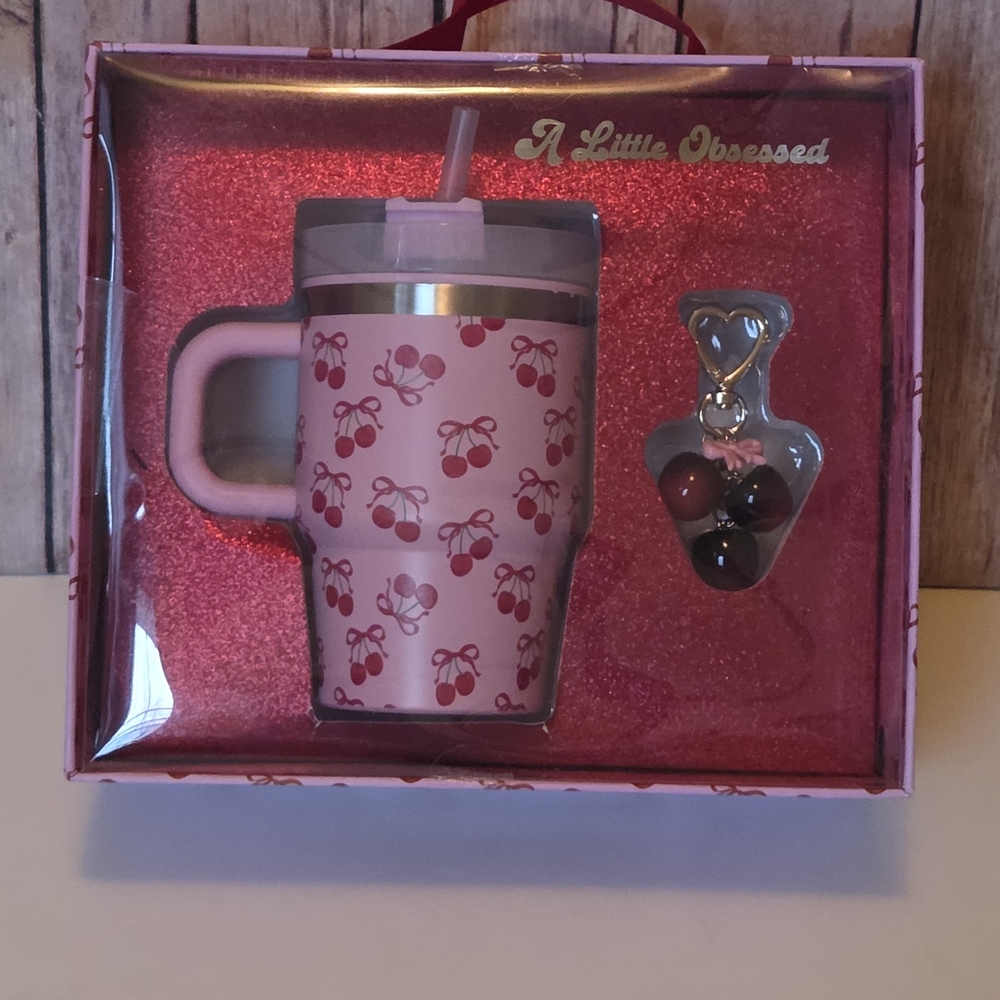A Little Obsessed 14oz Tumbler W/ Straw & Cherry Bag Charm NWT